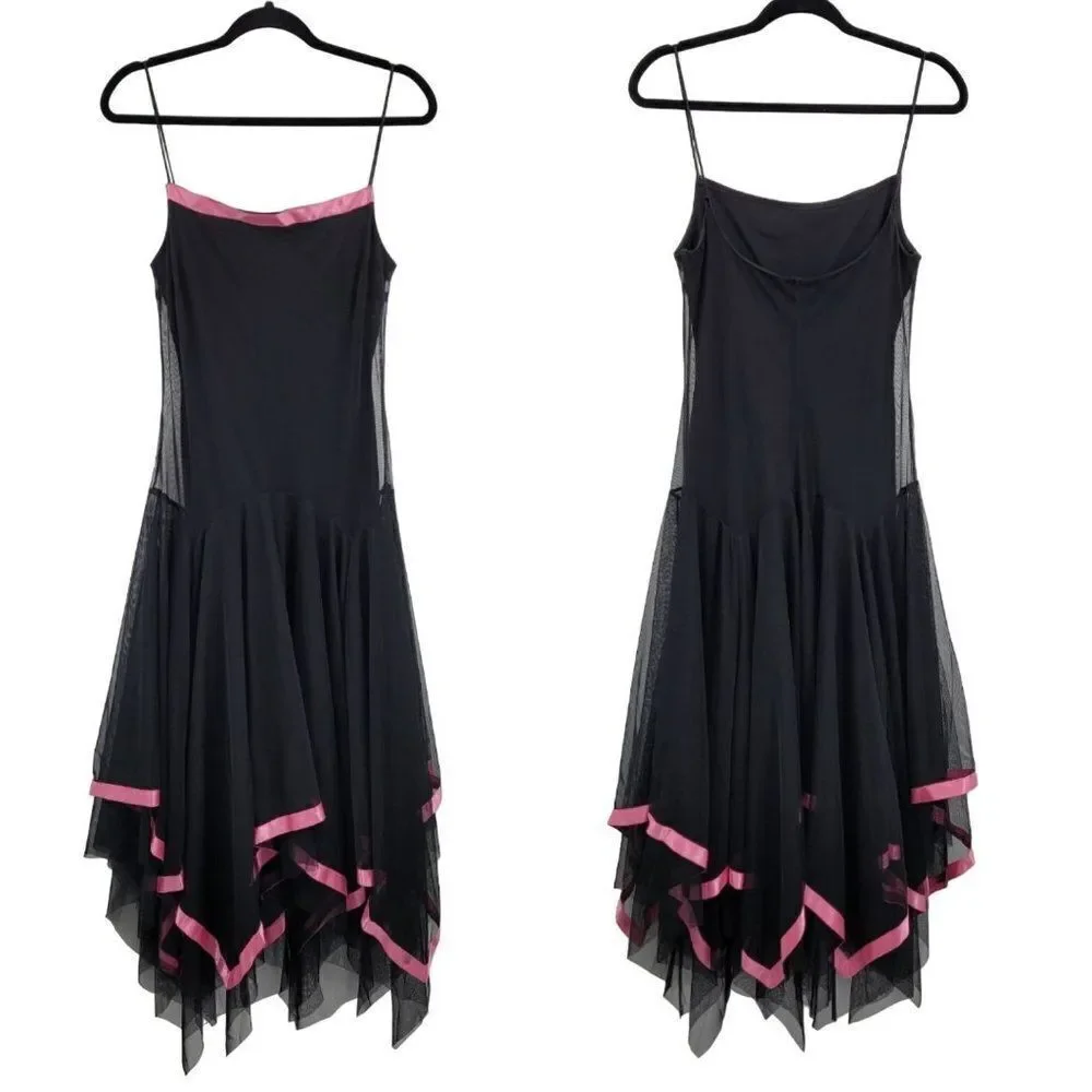 Vintage 90s Midi Dress M Black Mesh Overlay Pink Ribbon Trim Scarf Hem Goth - Picture 1 of 13